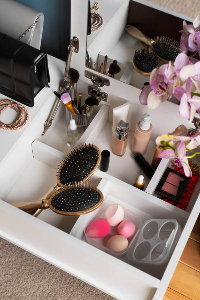 Une brosse à maquillage, un peigne et d'autres produits de beauté sont rangés dans un tiroir.