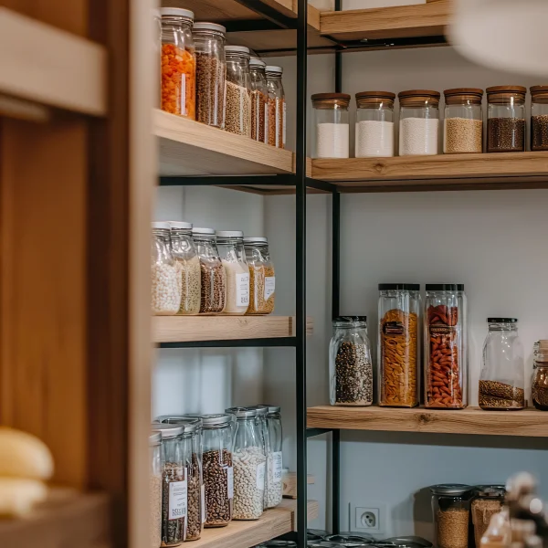 A walk-in pantry with shelves stocked full of various food items, organized for easy access and storage.