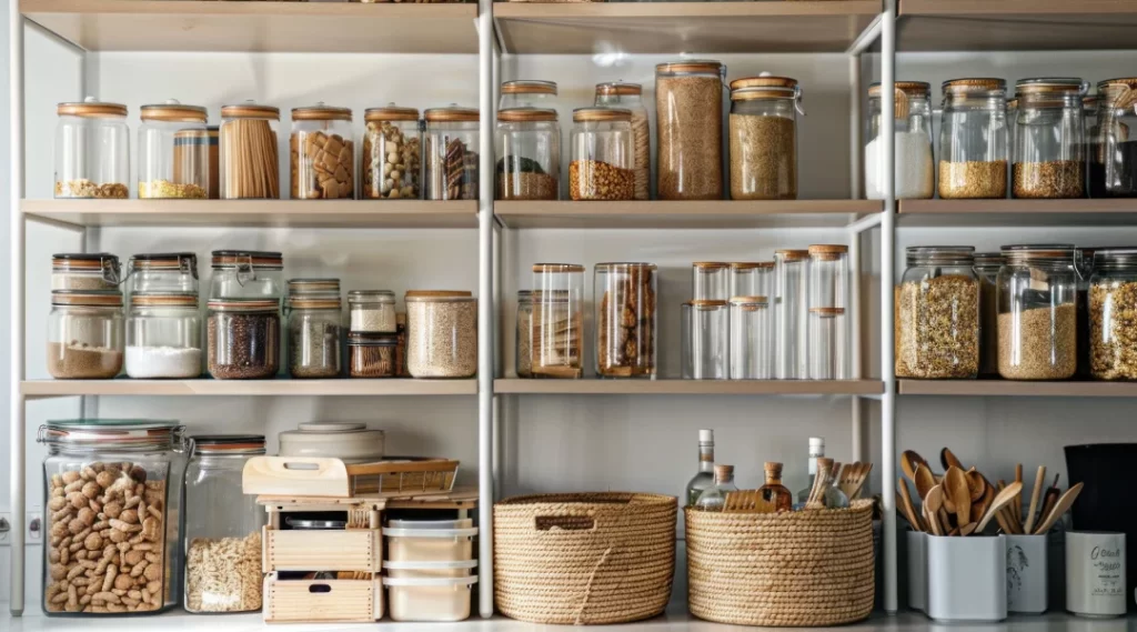 A walk-in pantry filled with various jars and containers organized on shelves.