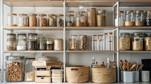 A walk-in pantry filled with various jars and containers organized on shelves.