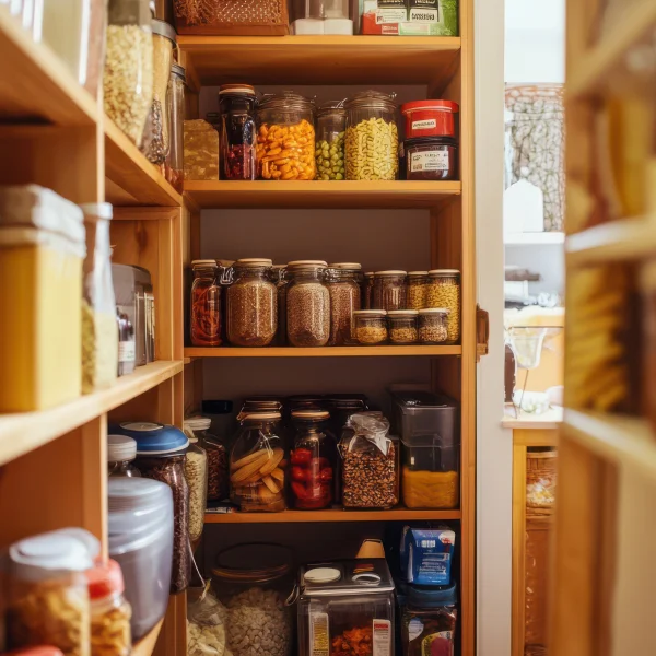 A walk-in pantry filled with various jars and food items organized on shelves.
