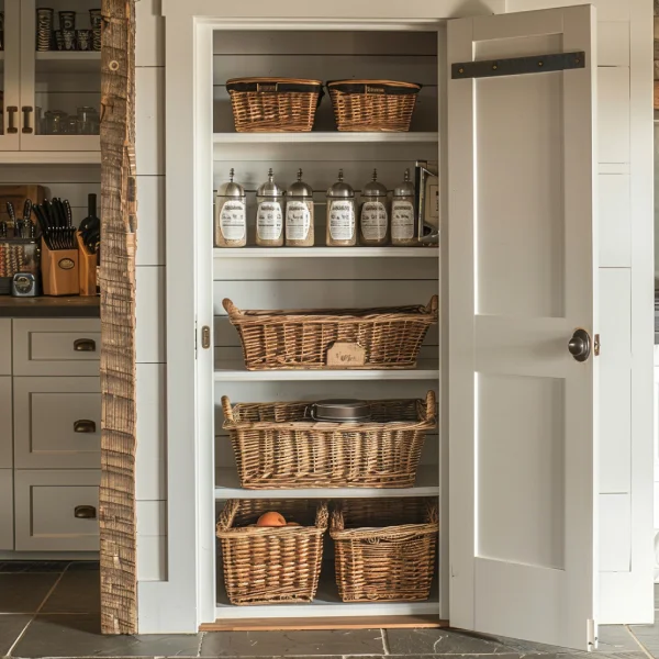 A pantry cabinet filled with woven baskets and various kitchen items organized neatly on shelves.