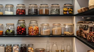 A pantry cabinet filled with various jars of food, showcasing a well-organized collection of preserved items.