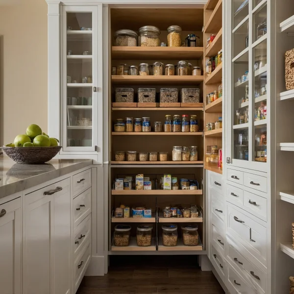 A well-stocked pantry cabinet filled with various food items and an assortment of spices on the shelves.